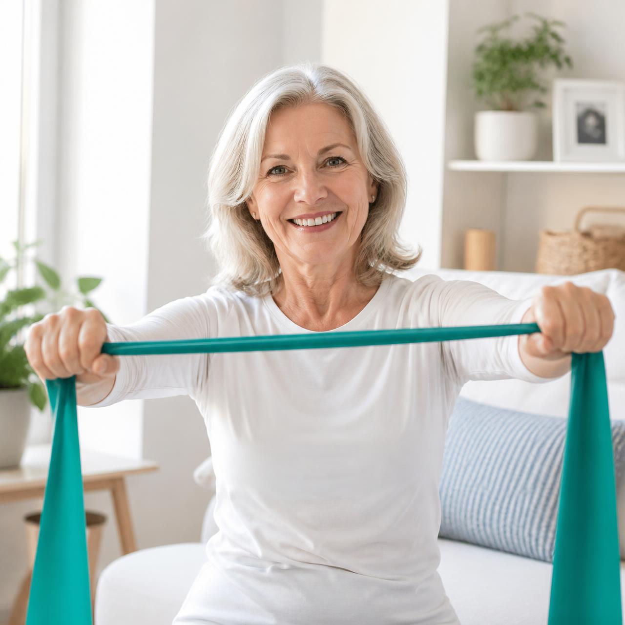 A person doing a gentle resistance band workout at home